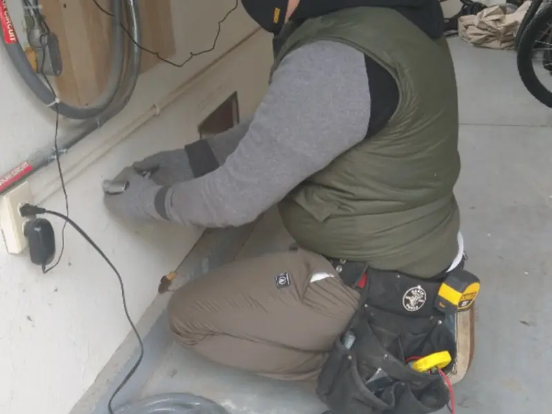Electrician performing outlet wiring in a West Caln garage